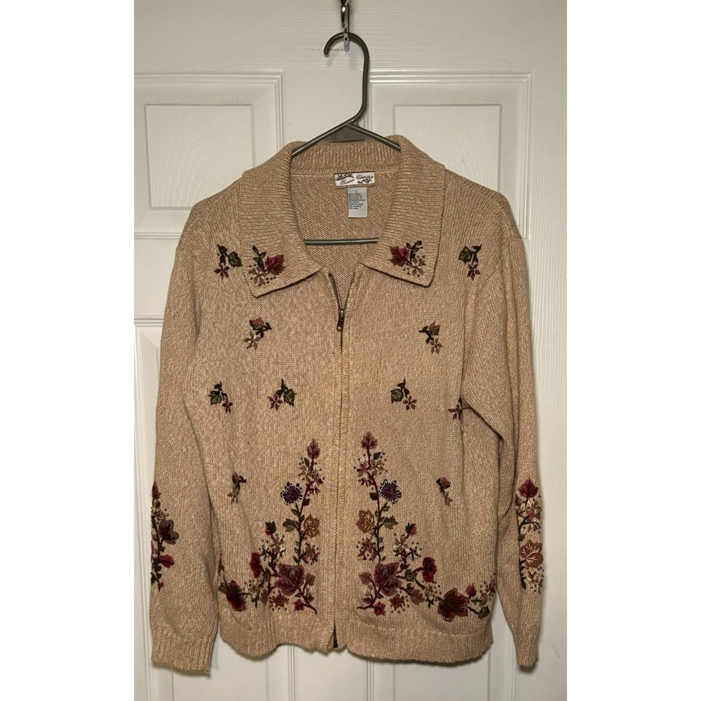Vtg Heirloom Collection Beige Full Zip Embroidered Sweater Beaded Collar Large